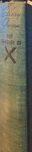 Close-up of a vintage book spine titled 'Elvory Queen: The Tragedy of X' with a textured teal-blue cloth binding and gold lettering.