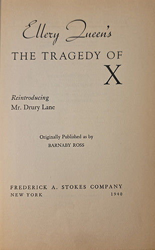 A vintage book cover or printed page with black text on a warm beige background. The visible text reads: 'Ellery Queen's THE TRAGEDY OF X', 'Reintroducing Mr.
