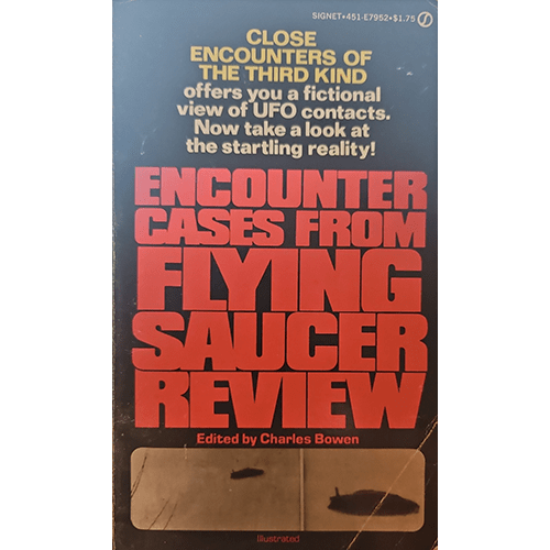 Book cover of 'Encounter Cases from Flying Saucer Review' with text and a vintage design.