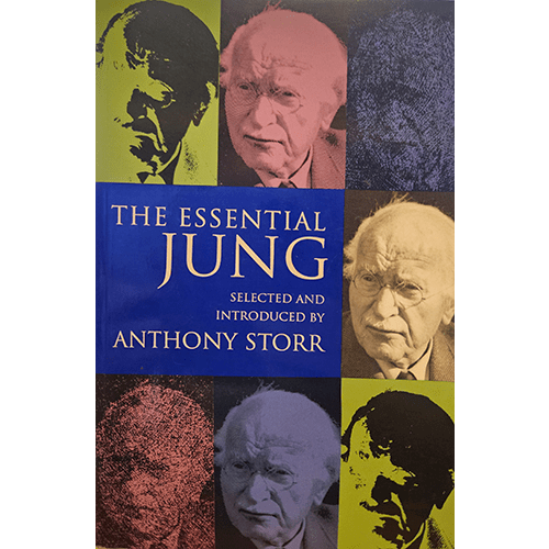 Cover of "The Essential Jung" by Anthony Storr featuring a grid of colorful portraits of Carl Jung with the title in bold blue text.