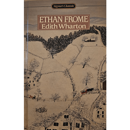 The cover of Ethan Frome by Edith Wharton features a winter scene with snow-covered fields, barren trees, and a horse-drawn sleigh, evoking the bleak, cold atmosphere central to the story's setting.