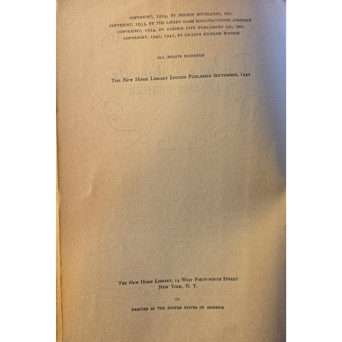 A vintage book's title page in tan paper with black printed text, showing copyright details for 'The New Horizons Library Edition' published in September 1942.