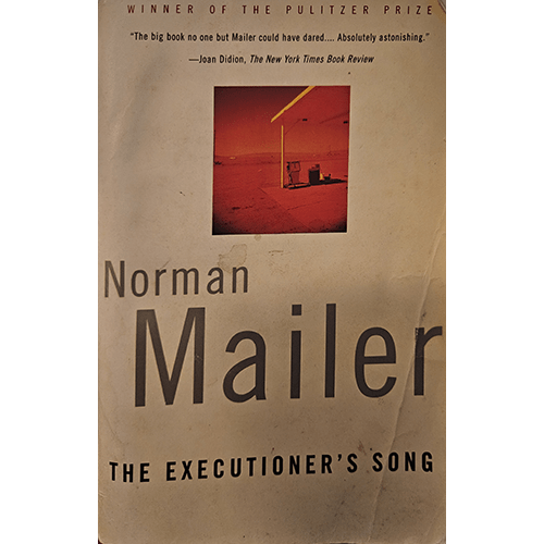 Cover of The Executioner's Song by Norman Mailer. Features a desolate red-toned photo of an execution chamber against a beige background. The title and author's name appear prominently below the image.