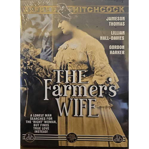 Cover of The Farmer's Wife DVD, a 1928 film directed by Alfred Hitchcock. Features an image of a woman in period dress against a rustic backdrop, with cast names listed: Jameson Thomas, Lillian Hall-Davies.