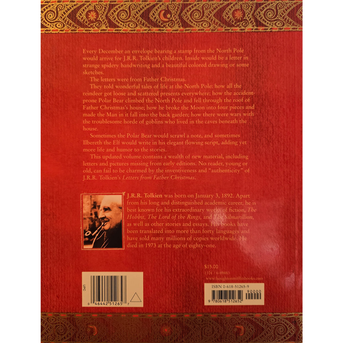 Back cover of Tolkien’s Letters from Father Christmas, with a book summary, author photograph, and ISBN barcode.
