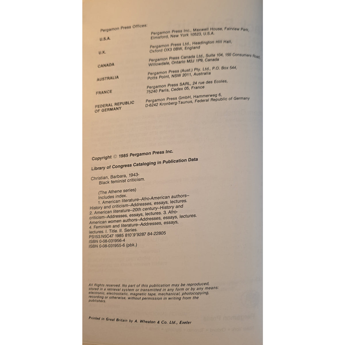 A scanned book cover or publication front matter from Pergamon Press Inc., showing title text, publisher information, copyright line, and cataloging data on a beige paper background.