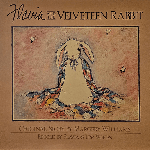 Cover of "Flavia and the Velveteen Rabbit," featuring an illustration of a stuffed rabbit sitting on a colorful patchwork quilt, with stars in the background, highlighting the whimsical nature of the story.