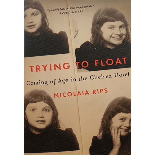 The cover of "Trying to Float" features four black-and-white photographs of a young Nicolaia Rips with a curious and playful expression. The title is displayed in bold red and white text over a vintage background.