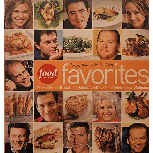 Cover of Food Network Favorites: Recipes from Our All-Star Chefs featuring popular Food Network personalities and an array of food dishes, with chefs like Rachael Ray, Giada, and Bobby Flay.