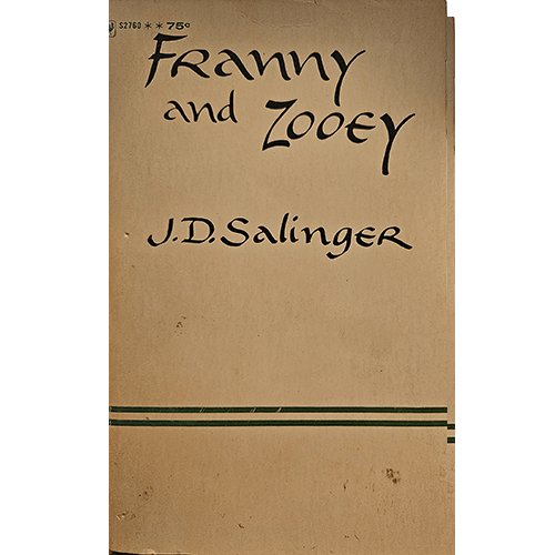 The cover of "Franny and Zooey" by J.D. Salinger features minimalist design with the title in handwritten font at the top, and the author's name below. The background is beige with a green line near the bottom.