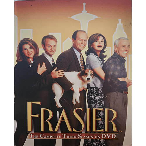 DVD cover of Frasier: The Complete Third Season, showing main characters Frasier, Niles, Daphne, Roz, Martin, and Eddie the dog, set against the iconic Seattle skyline background.