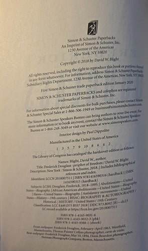 Copyright page showing publication details of Frederick Douglass: Prophet of Freedom