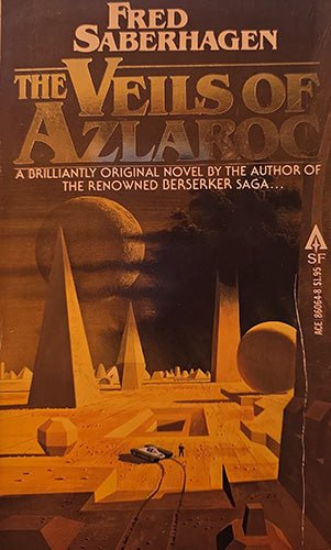 Vintage paperback book cover of 'The Veils of Azlaroo' by Fred Saberhagen, featuring a stylized desert landscape illustration in warm brown, orange, and black tones.