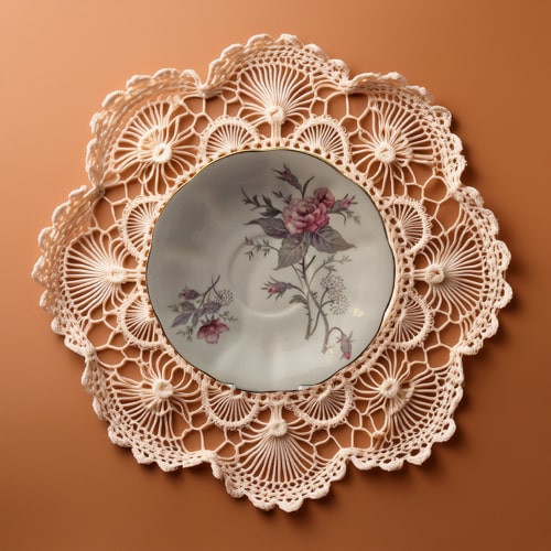 Decorative lace doily with floral design on a brown background