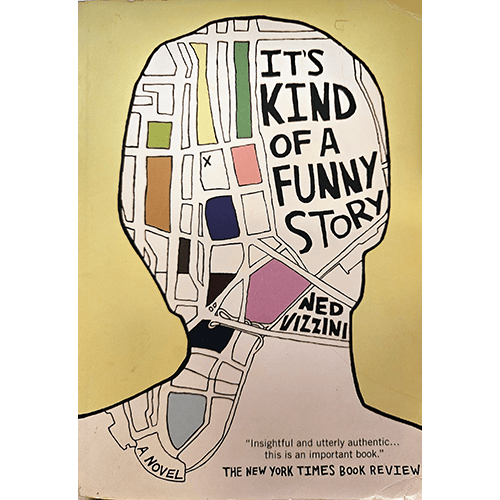 Cover of It’s Kind of a Funny Story by Ned Vizzini features an abstract map in the silhouette of a head on a yellow background, symbolizing the protagonist’s mental health journey and inner world.