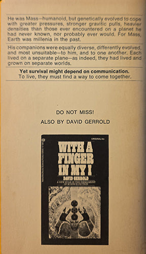 A vintage book cover or booklet page shown against a tan background. The page contains printed text about Mass-humankind and a black-and-white cover image for 'With a Finger in My I' by David Gerrold.
