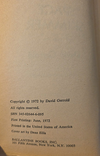A close-up of a book's title and copyright page, showing printed text on an off-white page. Visible text includes 'Copyright © 1972 by David Gerrold' and 'BALLANTINE BOOKS, INC.