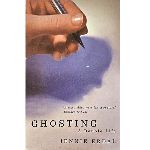 Cover of Ghosting: A Double Life by Jennie Erdal, featuring a hand writing with a pen, casting a ghostly blue silhouette in the background.