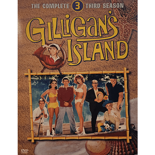 Cover of Gilligan's Island: The Complete Third Season DVD, featuring the cast in tropical attire with bamboo borders, showcasing the classic sitcom's characters in a lighthearted island setting.