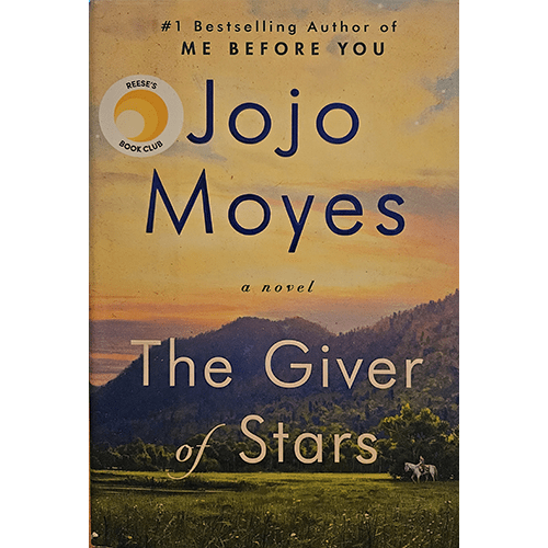 The cover of "The Giver of Stars" by Jojo Moyes features a serene landscape with a mountainous backdrop at sunset, depicting a lone rider on horseback, symbolizing the book's themes of journey and connection.