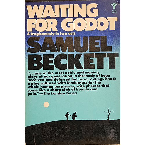 The cover of Waiting for Godot by Samuel Beckett features a minimalist blue and black design, with two silhouetted figures walking under a large moon. The title and author’s name are bold and prominent.