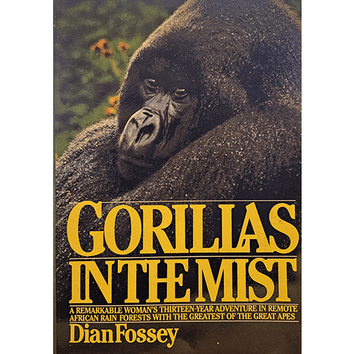 Cover of Gorillas in the Mist by Dian Fossey featuring a close-up image of a gorilla in its natural habitat, with bold yellow text highlighting the title and author's name against a rainforest backdrop.