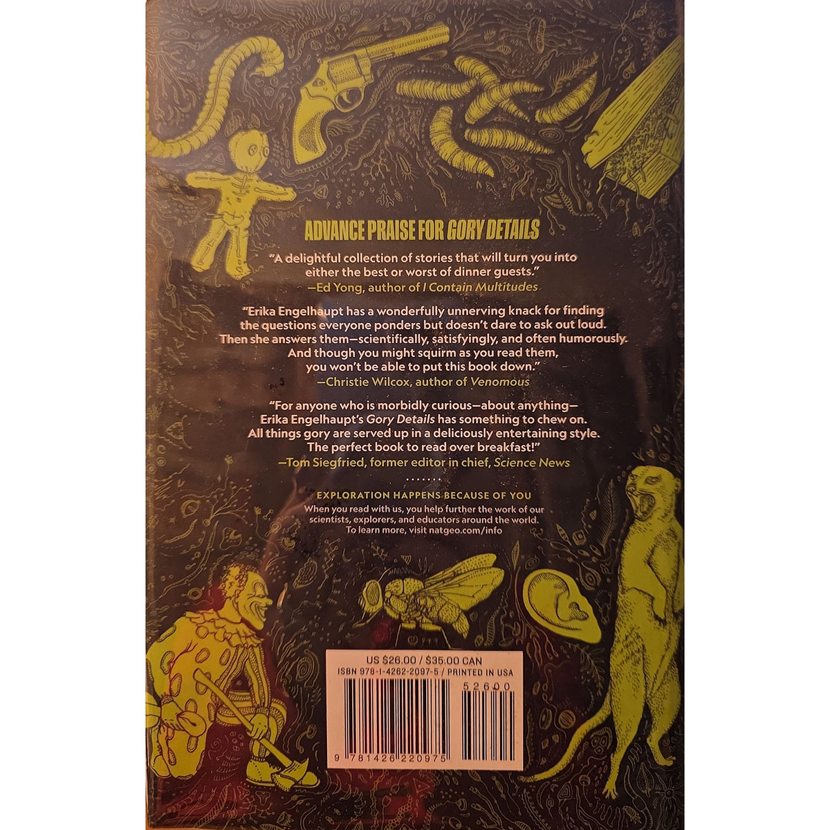 The back cover of the book 'Gory Details' by Erika Engelhaupt, featuring a dark brown background with yellow illustrations of monsters and a barcode at the bottom.