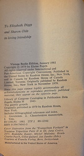 Copyright page of The Gnostic Gospels by Elaine Pagels showing publication details