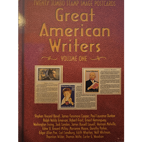 Cover of "Great American Writers: Volume One" postcard set, featuring jumbo stamp images of iconic American authors like Robert Frost and Ernest Hemingway with vintage-style biographies.