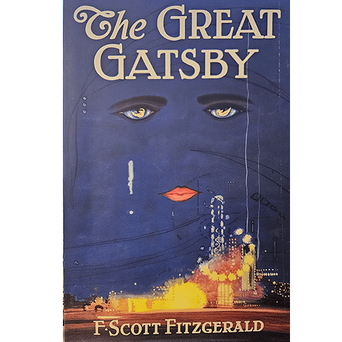 Cover of The Great Gatsby by F. Scott Fitzgerald, featuring the iconic blue background with ethereal eyes and lips, set above a glowing cityscape that captures the essence of the Jazz Age.