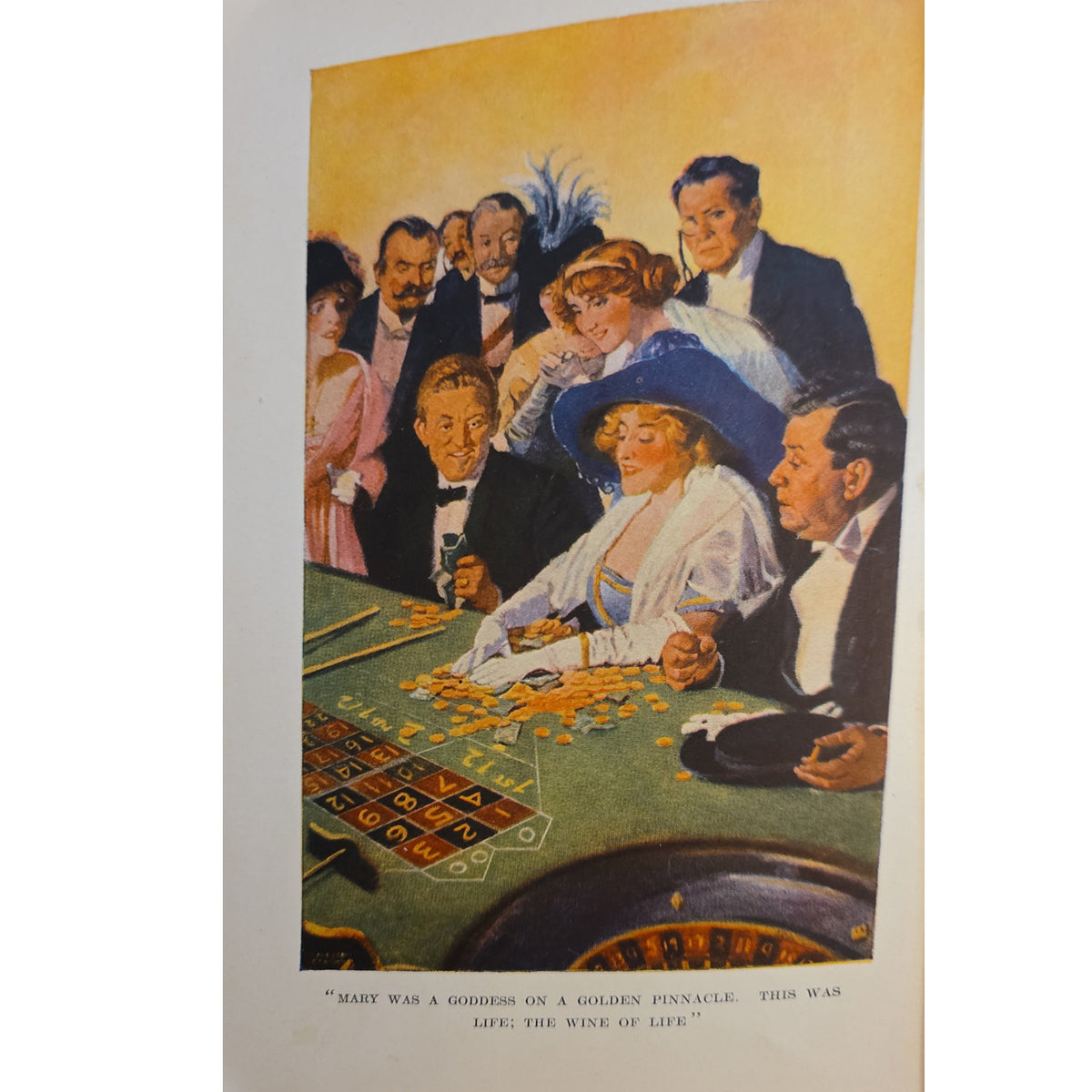 Vintage illustrated print or poster showing a group of elegantly dressed people gathered around a roulette table, with the caption: “MARY WAS A GODDESS ON A GOLDEN PUNNACLE. THIS WAR LIFE: THE WINE OF LIFE.