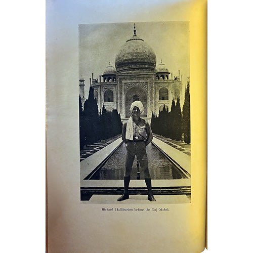 Book page with a black and white photograph of a person in front of the Taj Mahal.