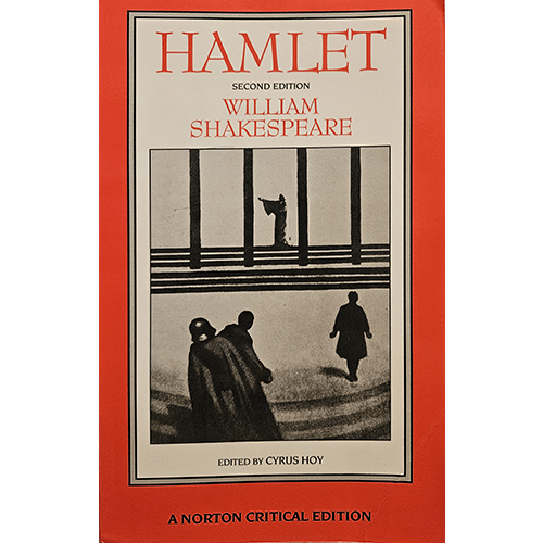 Cover of Hamlet, Second Edition by William Shakespeare, featuring a striking black and white scene of shadowy figures walking in columns, set against a bold red background with the title and editor’s details.