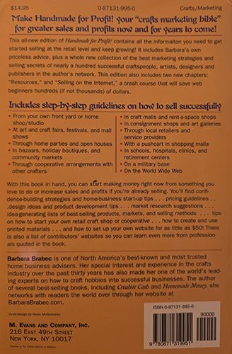 Back cover of a book titled 'Make Handmade for Profit' by Barbara Brabec, with text and contact information.