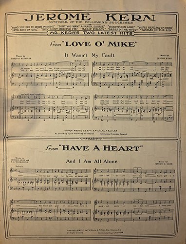 Back page of early Broadway sheet music showing musical excerpts from Jerome Kern productions with printed notation
