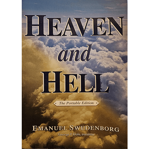 The cover of Heaven and Hell by Emanuel Swedenborg features a vivid depiction of clouds in the sky, symbolizing the connection between heaven and the earth, with bold, classic typography for the title.