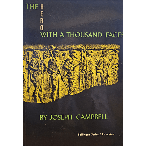 The cover of "The Hero with a Thousand Faces" by Joseph Campbell features a monochromatic image of a procession of figures, overlaid with green and yellow text, emphasizing the title and author's name prominently.