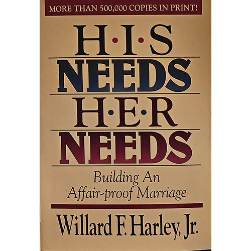 Alt description for the book cover:  "Cover of 'His Needs, Her Needs: Building an Affair-Proof Marriage' by Willard F. Harley Jr. The design features a harmonious blend of warm colors, with an image of a loving couple holding hands, symbolizing connection and unity. The title is prominently displayed, conveying the book’s focus on relationship strengthening."