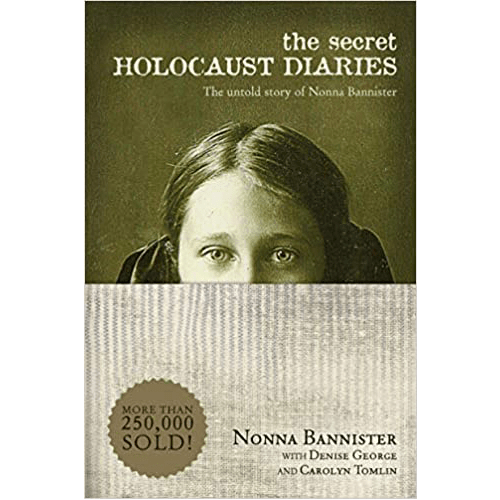 Cover of The Secret Holocaust Diaries featuring a sepia-toned image of a girl's eyes, partially obscured by a fabric-textured lower half.