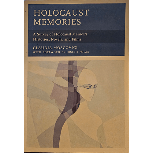 Cover of "Holocaust Memories" by Claudia Moscovici, featuring an abstract illustration of a solemn human figure. The title is displayed at the top, with a blue background, and the subtitle provides details about the survey of Holocaust memoirs, histories, novels, and films.