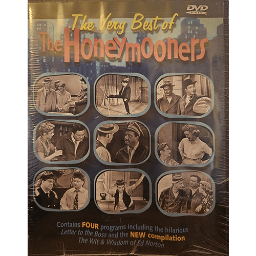 "The Very Best of The Honeymooners DVD cover featuring nine still images from the show. The cover highlights classic moments of Ralph Kramden and Ed Norton in black-and-white scenes."