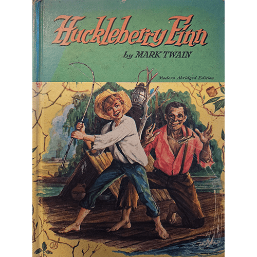 Colorful cover of Huckleberry Finn by Mark Twain (Modern Abridged Edition), showing Huck and Jim on a river raft. Huck holds a fishing pole, while Jim gestures with excitement. Iconic tale of adventure."