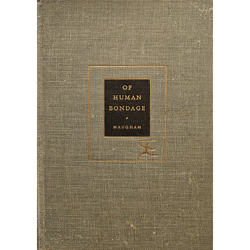 A vintage hardcover edition of Of Human Bondage by W. Somerset Maugham, published by Modern Library in 1940. The cover features a simple design with a black title plate and gold lettering.