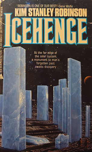 Book cover for 'Icehenge' by Kim Stanley Robinson, featuring large stylized title text over a dark space-like background with blue ice structures and a small orange celestial body.