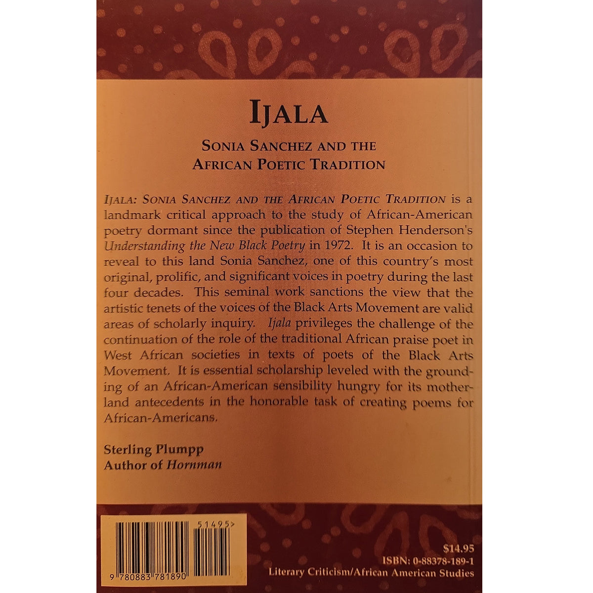 The back cover of the book 'Ijala' by Sterling Plumpp, featuring a dark brown background with white text, a barcode, and a circular graphic at the top.