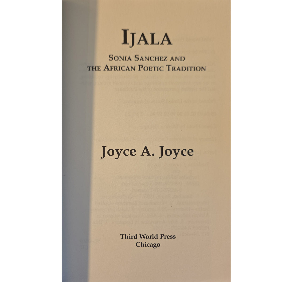 Book cover for 'Ijala: Sonia Sanchez and the African Poetic Tradition' by Joyce A. Joyce, published by Third World Press, featuring a beige background with black text and a vertical gray-blue shadow on the left side.