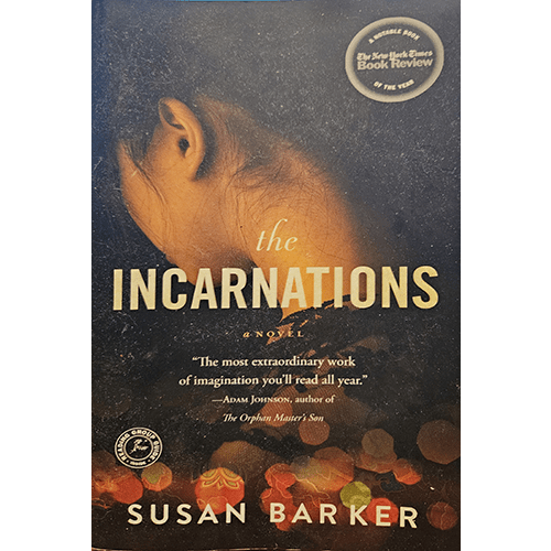 The cover of The Incarnations by Susan Barker features a hazy image of a person's head turned away, surrounded by dimly lit shapes. The design evokes a sense of mystery and the intertwining of past lives.