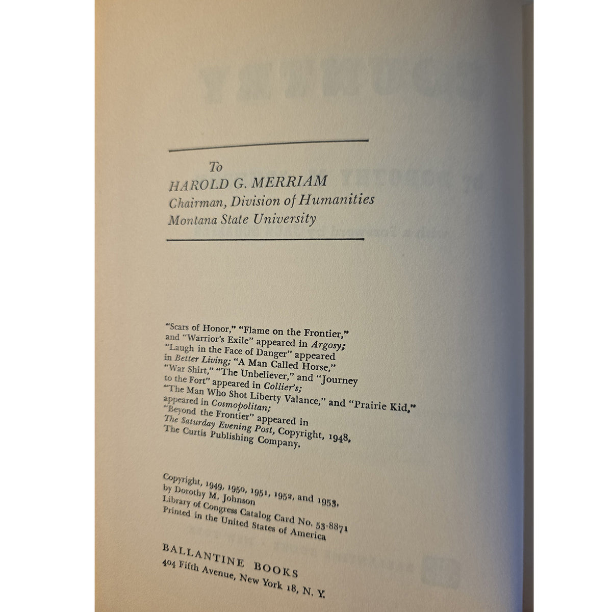 A close-up of the interior cover of a vintage Ballantine Books book, showing printed text on a warm off-white paper background.