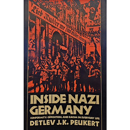 The cover of Inside Nazi Germany features a red-tinted image of a Nazi-era rally in front of an official building, highlighting conformity and oppression. The title is bold, emphasizing its grave subject matter.