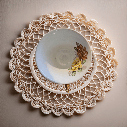 Ceramic bowl with floral design on a lace doily against a plain background